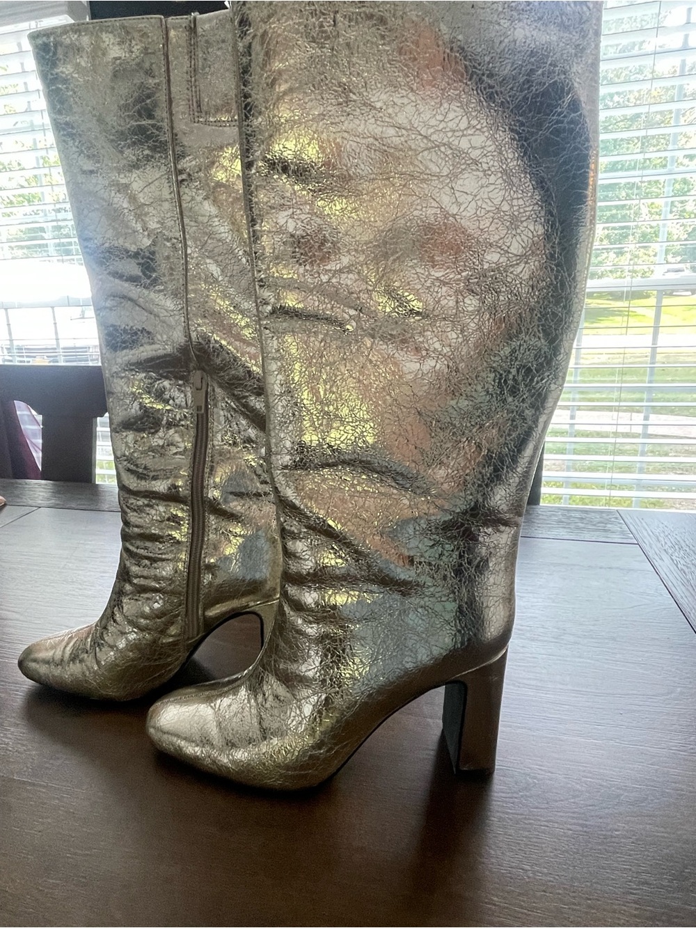 Gold crackle stove pipe knee high boots